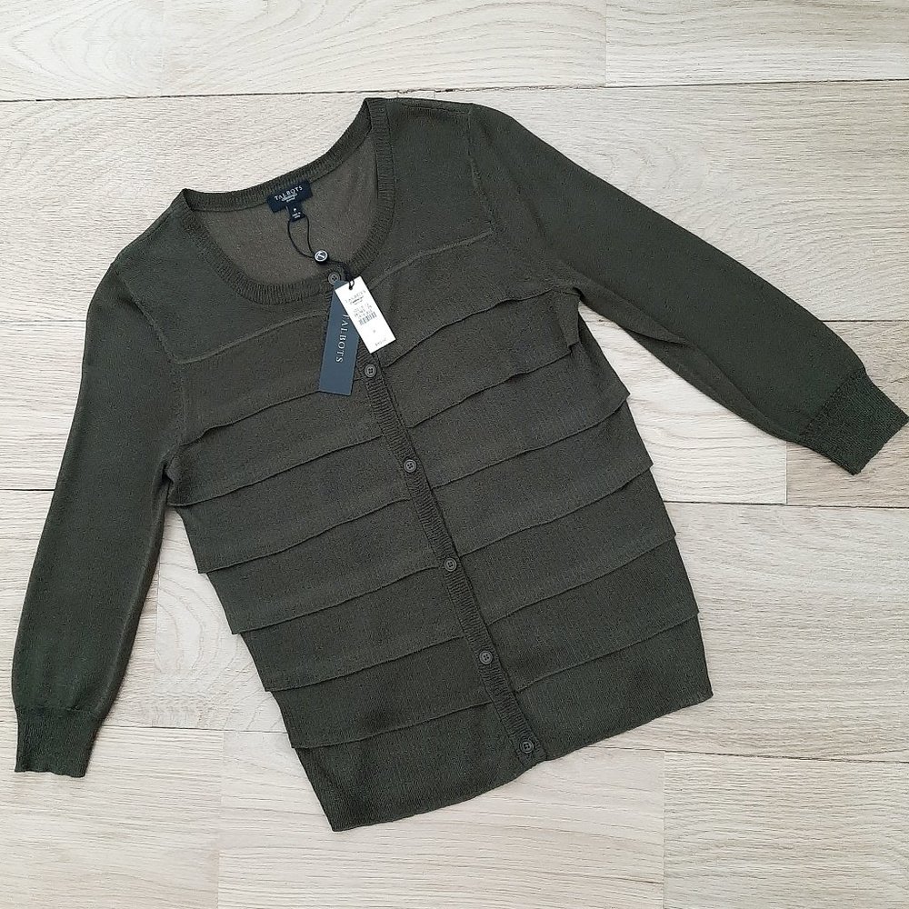 NWT Talbots Tiered Ruffle Front Knit Cardigan, 3/4-Sleeve, Dark Olive, Size PP